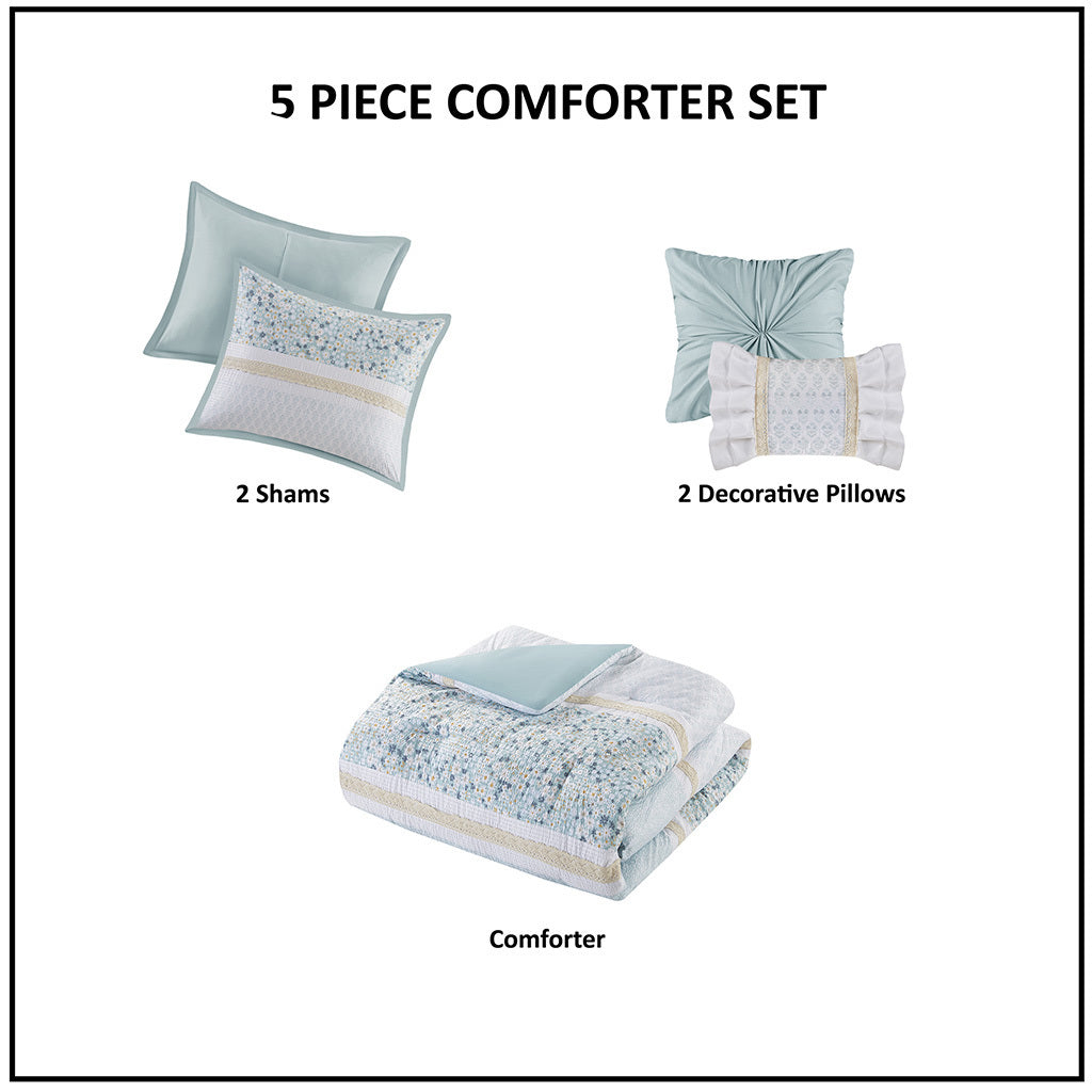 5 Piece Seersucker Comforter Set With Throw Pillows Aqua Polyester