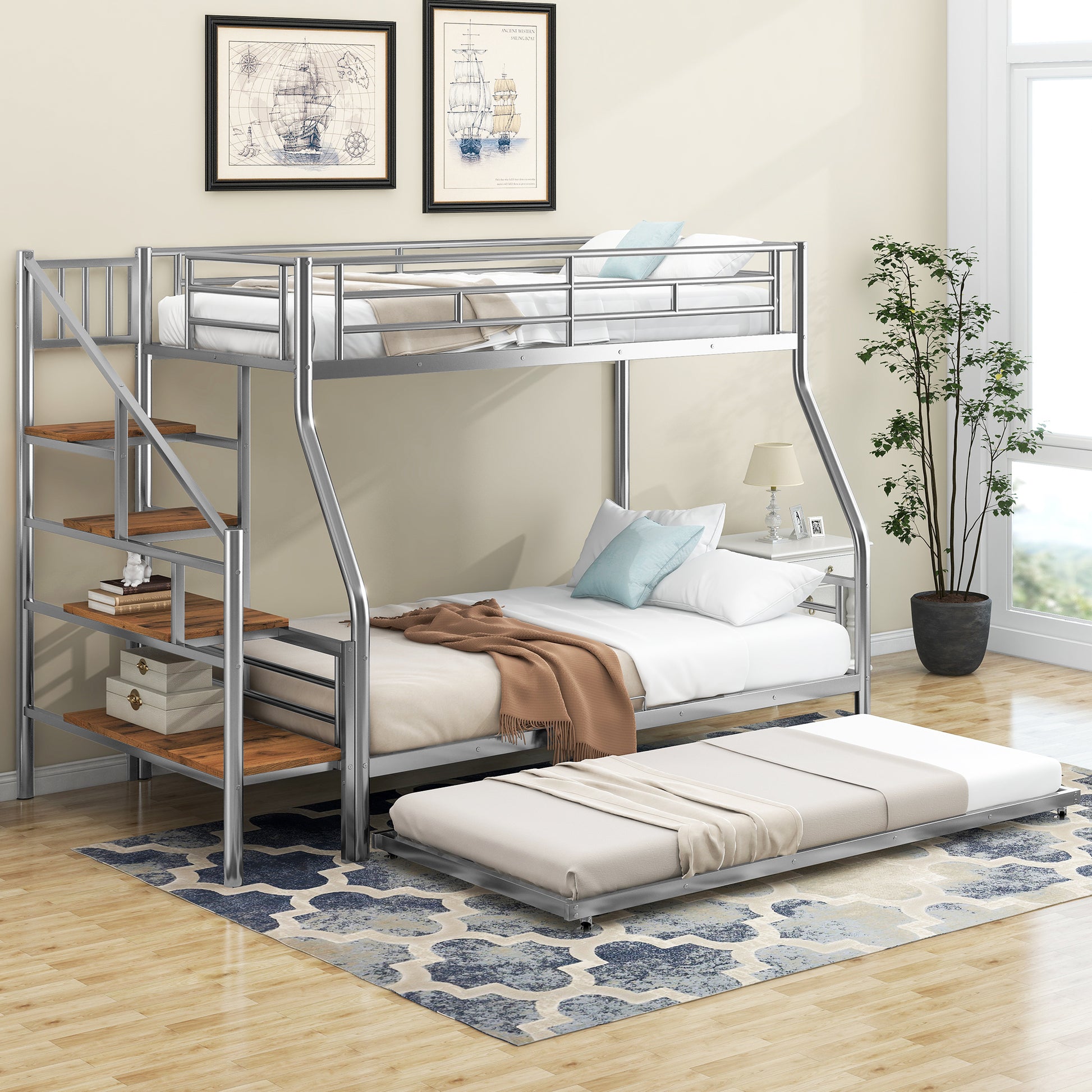 Twin Over Full Size Metal Bunk Bed With Trundle And Storage Staircase, Silver Twin Silver Metal