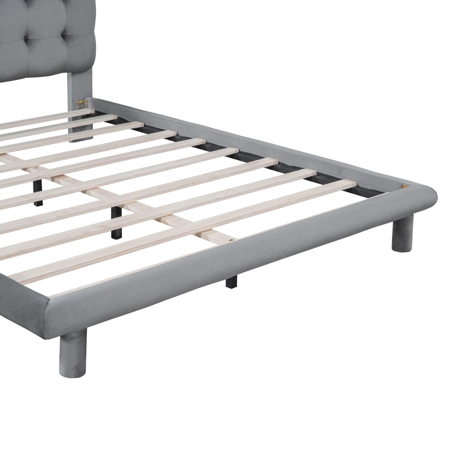 Queen Size Velvet Platform Bed With Led Frame, Thick & Soft Fabric And Button Tufted Design Headboard, Gray Gray Velvet