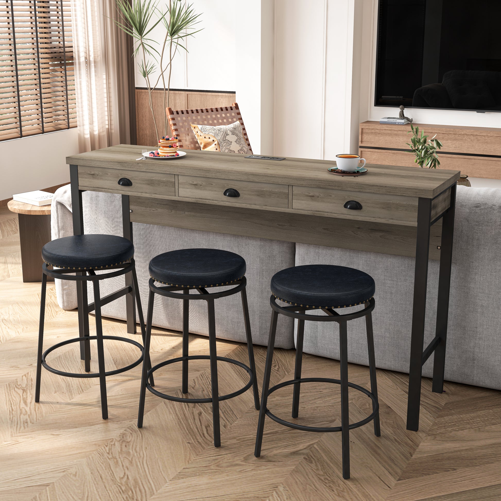 3 Drawer Long Dining Table Set With Power Outlets, Bar Kitchen Table Set With Circular Pu Stools, Easy Assemble, Brown Gray Table Black Stool Upholstered Chair Wood Black Metal Dining Table With Chair Mdf Metal