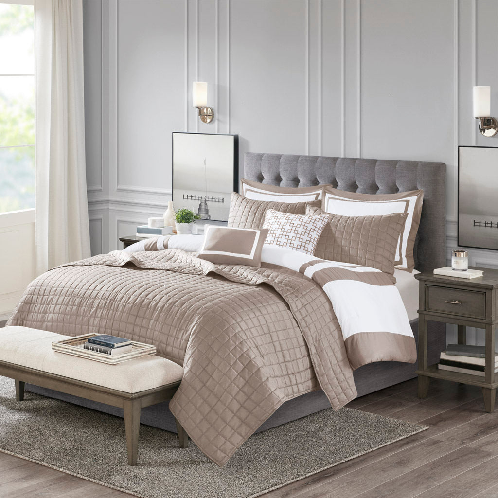 8 Piece Comforter And Quilt Set Collection Taupe Polyester