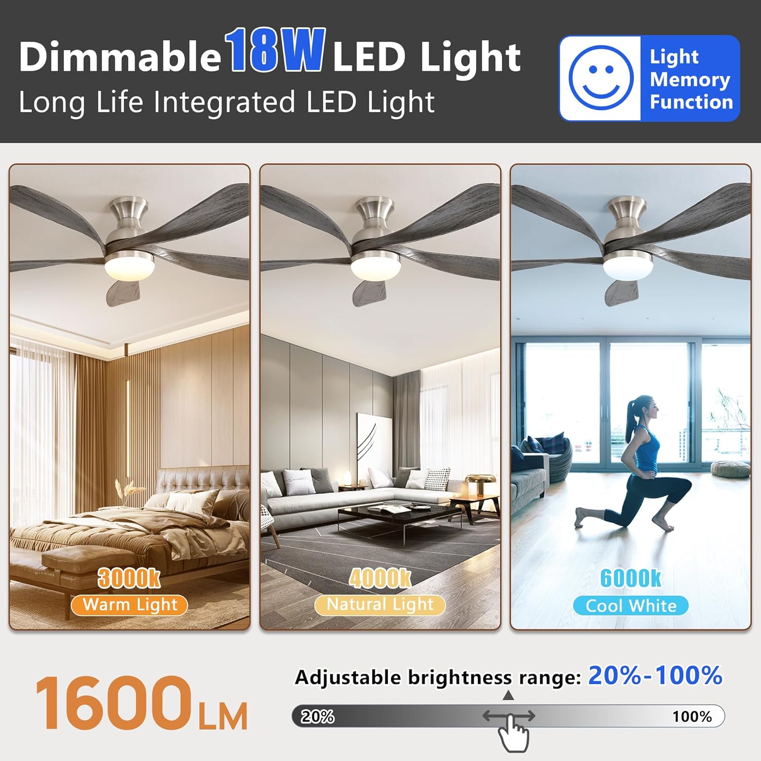 52 Inch Ceiling Fan With Dimmable 3 Colors Led Light Reversible Noiseless Dc Motor Smart App Remote Control Brushed Nickel Metal & Wood