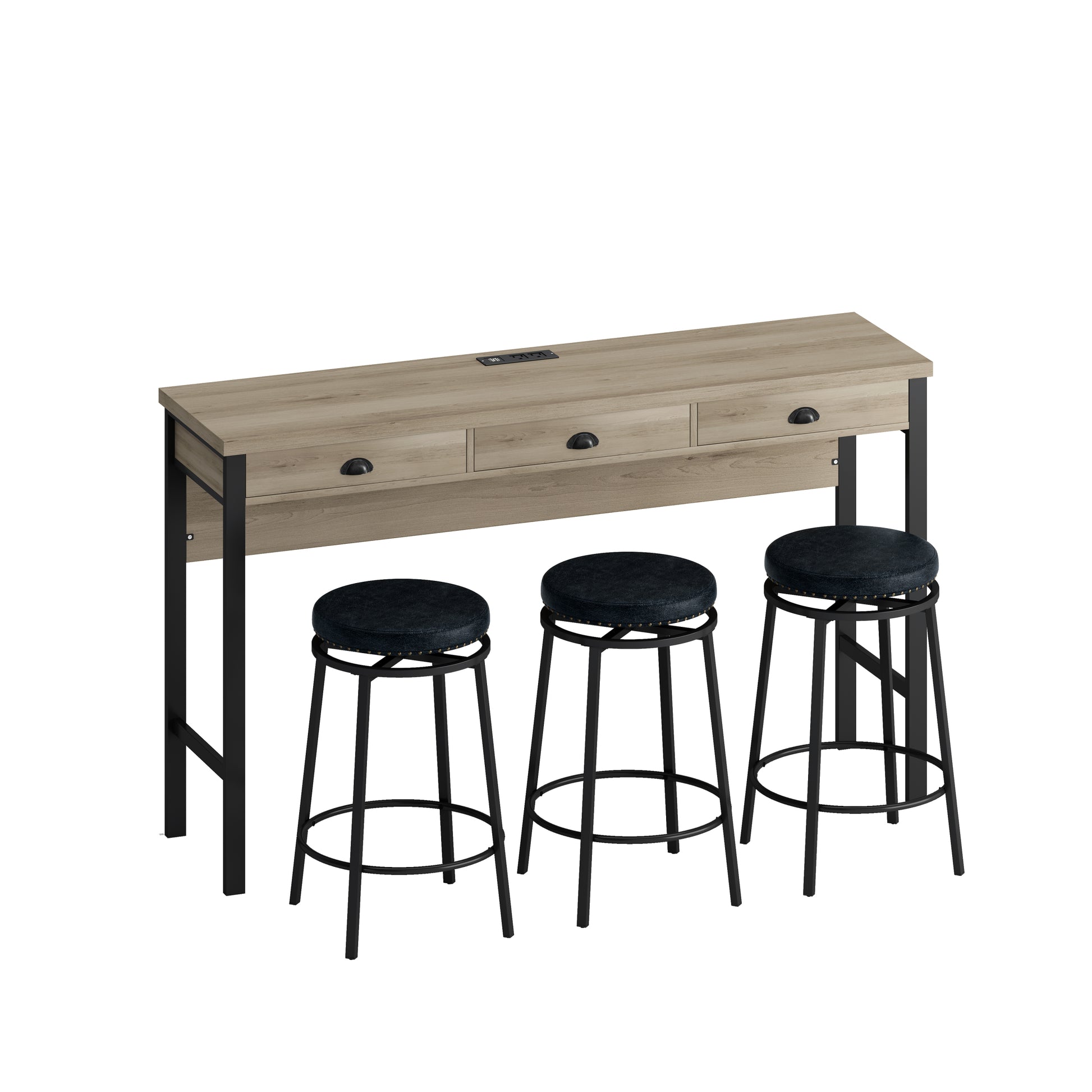 3 Drawer Long Dining Table Set With Power Outlets, Bar Kitchen Table Set With Circular Pu Stools, Easy Assemble, Brown Gray Table Black Stool Upholstered Chair Wood Black Metal Dining Table With Chair Mdf Metal