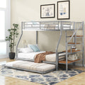 Twin Over Full Size Metal Bunk Bed With Trundle And Storage Staircase, Silver Twin Silver Metal