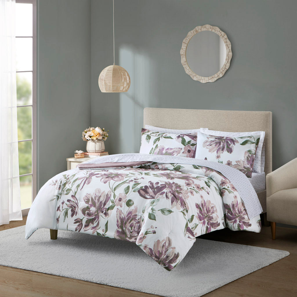 Floral Comforter Set With Bed Sheets Mauve Polyester