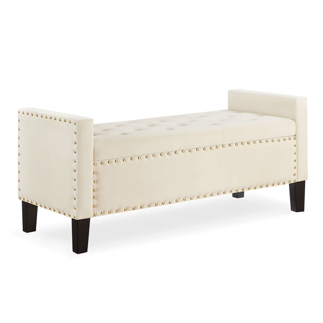 Upholstered Tufted Button Storage Bench With Nails Trim,Entryway Living Room Soft Padded Seat With Armrest,Bed Bench Cream Armrest Cream Espresso Primary Living Space Velvet American Design Rubberwood Wood Internal Storage Foam Velvet