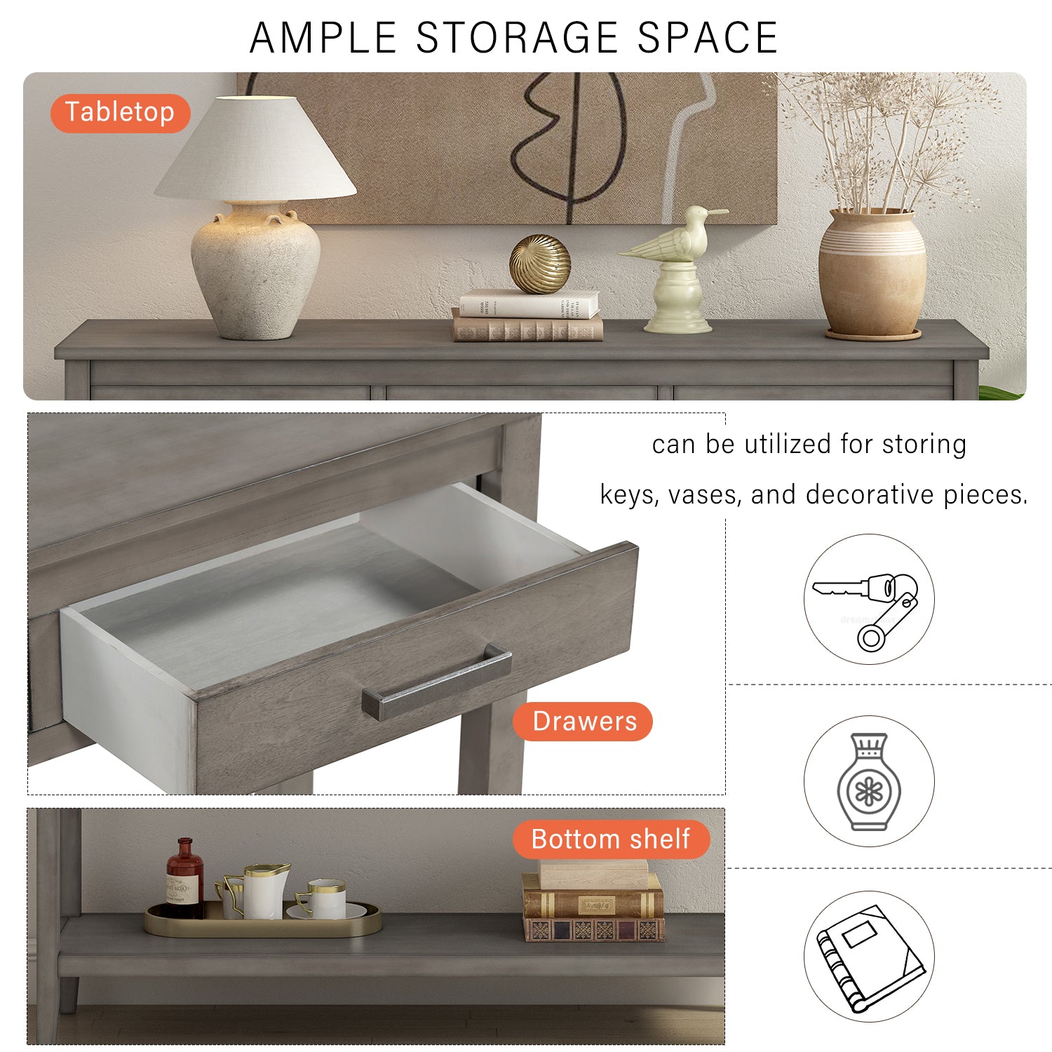 Contemporary 3 Drawer Console Table With 1 Shelf, Entrance Table For Entryway, Hallway, Living Room, Foyer, Corridor Gray Primary Living Space American Design Mdf