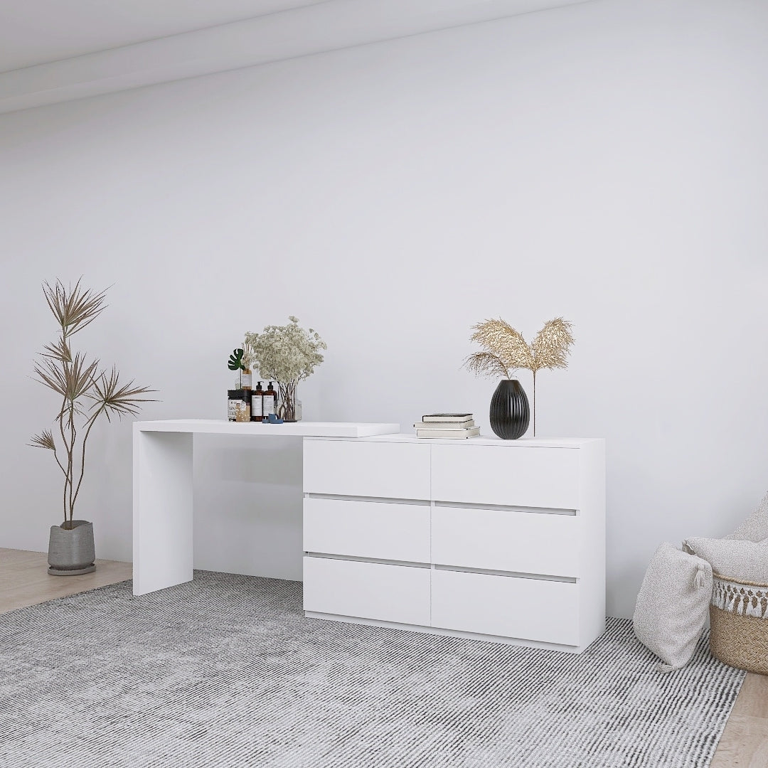 Extended Desktop 6 Drawers Chest Of Drawer Without Handle White Color Vanity White White Bedroom Modern Melamine Engineered Wood