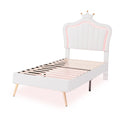 Twin Size Upholstered Bed Frame With Led Lights, Modern Upholstered Princess Bed With Crown Headboard,White Twin White Pu