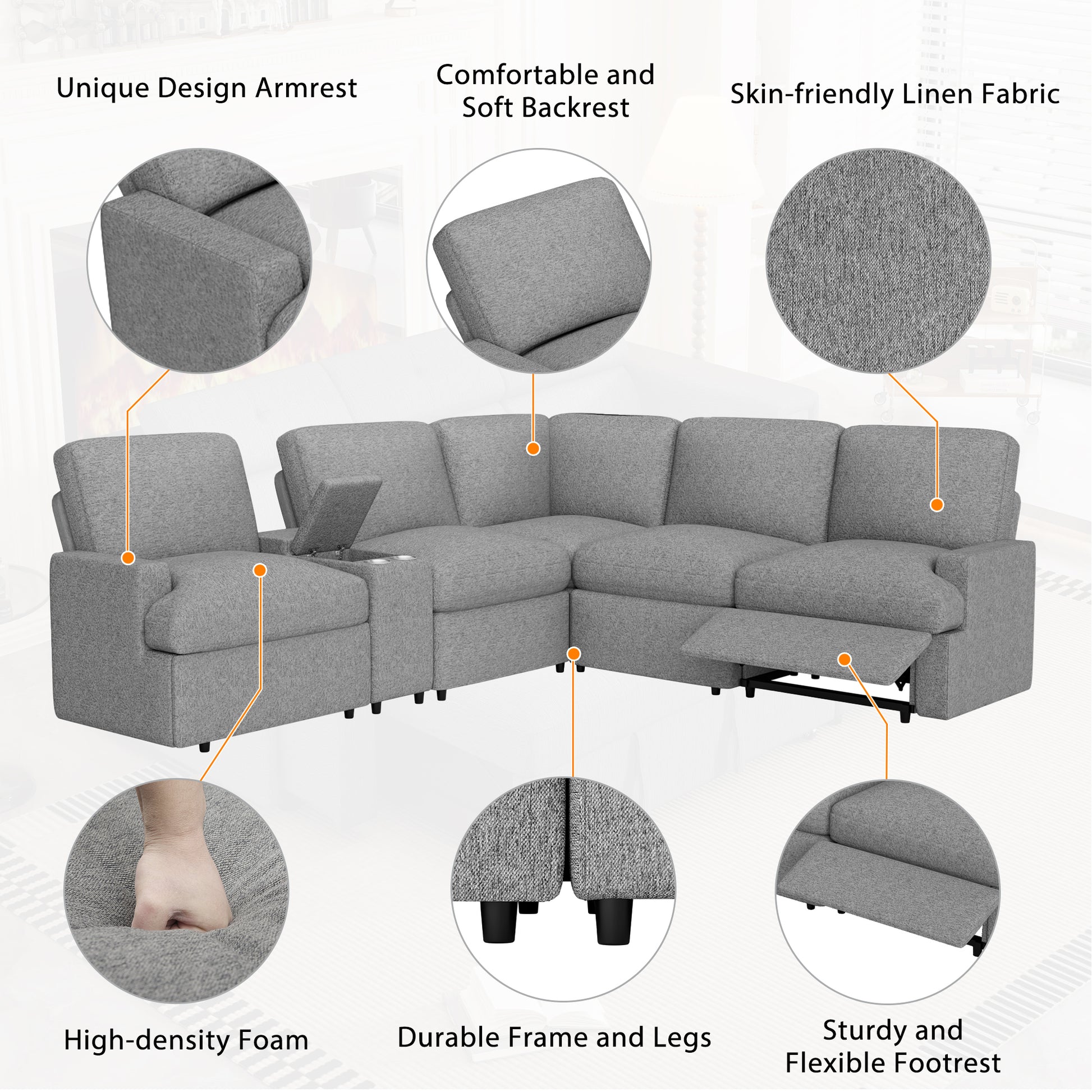 104'' Power Recliner Corner Sofa Home Theater Reclining Sofa Sectional Couches With Storage Box, Cup Holders, Usb Ports And Power Socket For Living Room, Grey Grey Foam Linen 4 Seat