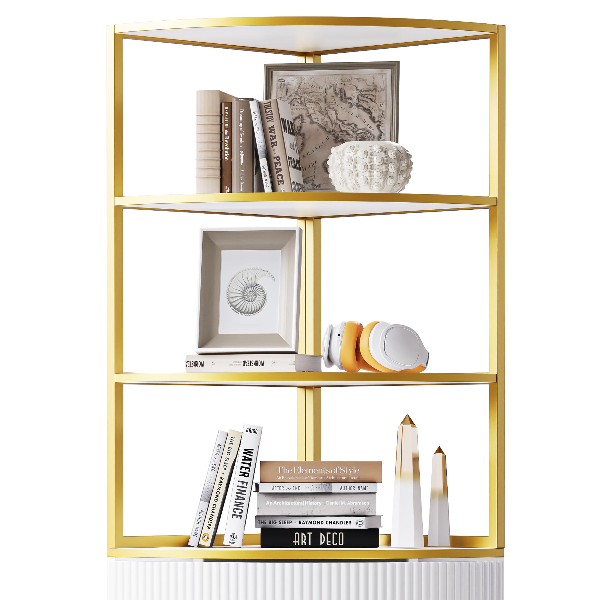 74.8" Tall Modern Corner Bookshelf,Fan Shaped Bookcase With 1 Drawer And 2 Doors ,Wooden Standing Corner Shelf With Gold Metal Frame For Living Room,Home Office,White White Mdf Metal