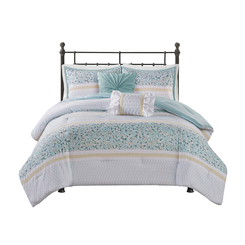 5 Piece Seersucker Comforter Set With Throw Pillows Aqua Polyester