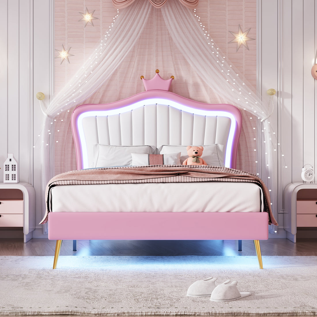 Twin Size Upholstered Bed Frame With Led Lights, Modern Upholstered Princess Bed With Crown Headboard,White Pink Twin White Pink Pu