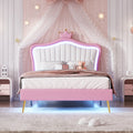 Twin Size Upholstered Bed Frame With Led Lights, Modern Upholstered Princess Bed With Crown Headboard,White Pink Twin White Pink Pu