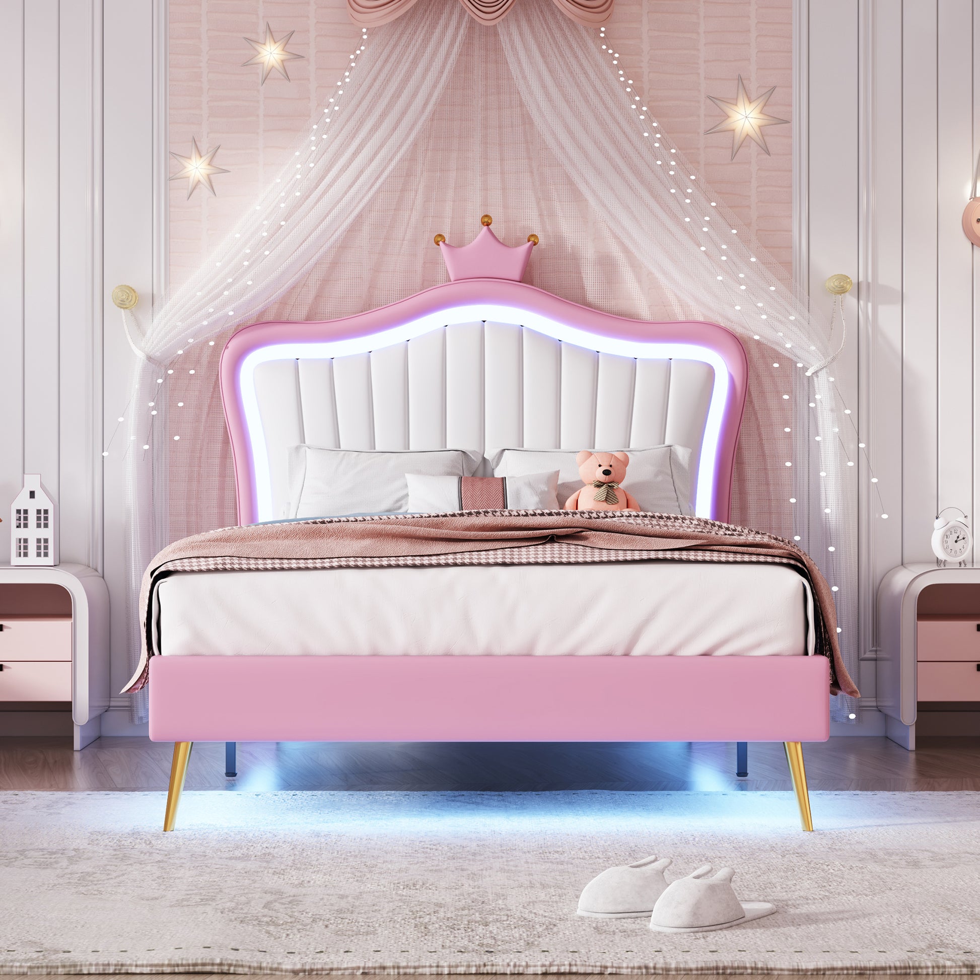 Twin Size Upholstered Bed Frame With Led Lights, Modern Upholstered Princess Bed With Crown Headboard,White Pink Twin White Pink Pu