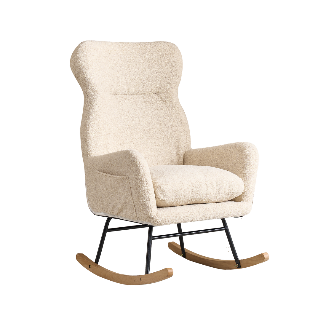 Modern Rocking Chair With High Backrest,Teddy Material Comfort Arm Rocker, Lounge Armchair For Living Room Beige Cotton Metal