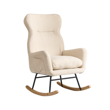 Modern Rocking Chair With High Backrest,Teddy Material Comfort Arm Rocker, Lounge Armchair For Living Room Beige Cotton Metal