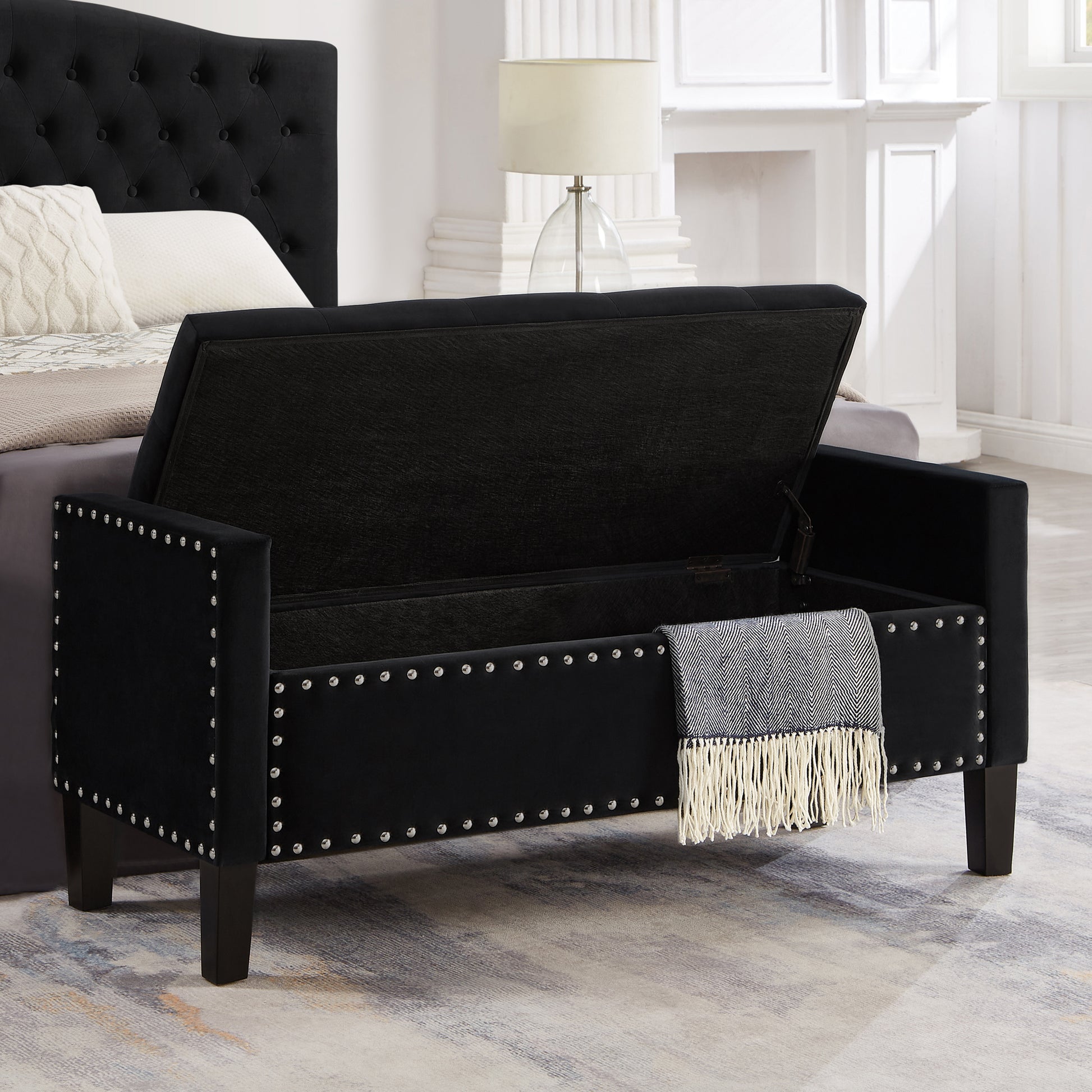 Upholstered Tufted Button Storage Bench With Nails Trim,Entryway Living Room Soft Padded Seat With Armrest,Bed Bench Black Nailheads Black Espresso Velvet Primary Living Space Black American Design Rubberwood Wood Internal Storage Foam Velvet