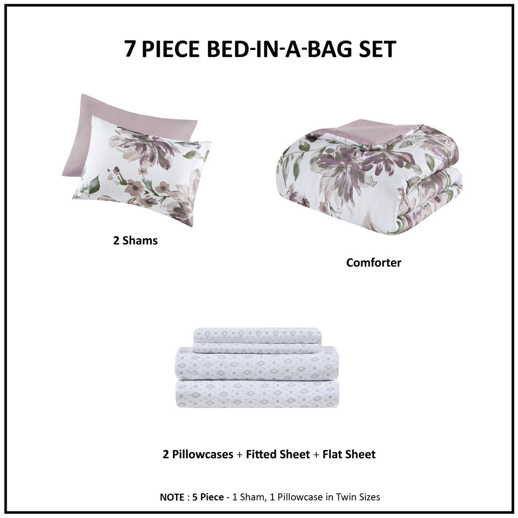 Floral Comforter Set With Bed Sheets Mauve Polyester