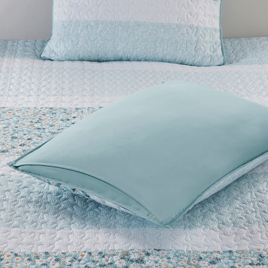 4 Piece Seersucker Quilt Set With Throw Pillow Aqua Polyester