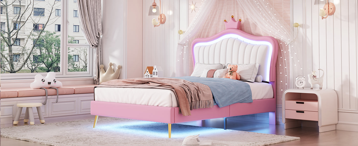 Twin Size Upholstered Bed Frame With Led Lights, Modern Upholstered Princess Bed With Crown Headboard,White Pink Twin White Pink Pu