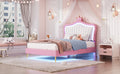 Twin Size Upholstered Bed Frame With Led Lights, Modern Upholstered Princess Bed With Crown Headboard,White Pink Twin White Pink Pu