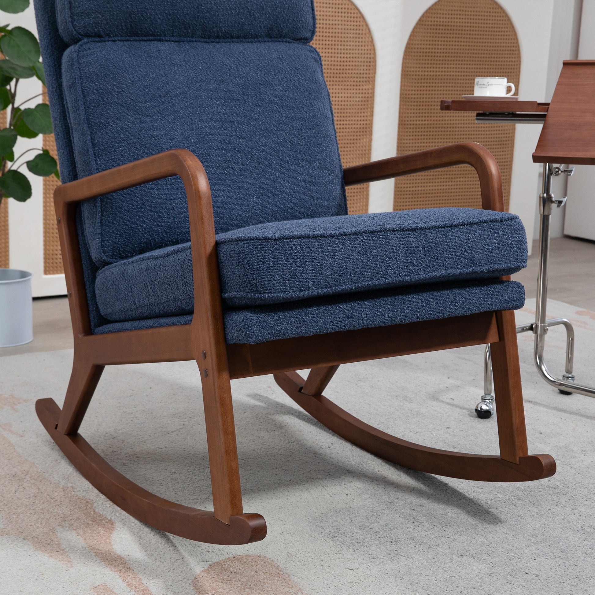 25.2"W Modern Rocking Chair Accent Lounge Armchair Comfy Boucle Upholstered High Back Wooden Rocker For Nursery Living Room Baby Kids Room Bedroom, Navy Navy Boucle