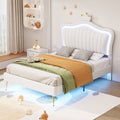 Twin Size Upholstered Bed Frame With Led Lights, Modern Upholstered Princess Bed With Crown Headboard,White Twin White Pu