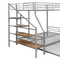 Twin Over Full Size Metal Bunk Bed With Trundle And Storage Staircase, Silver Twin Silver Metal