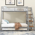 Twin Over Full Size Metal Bunk Bed With Trundle And Storage Staircase, Silver Twin Silver Metal