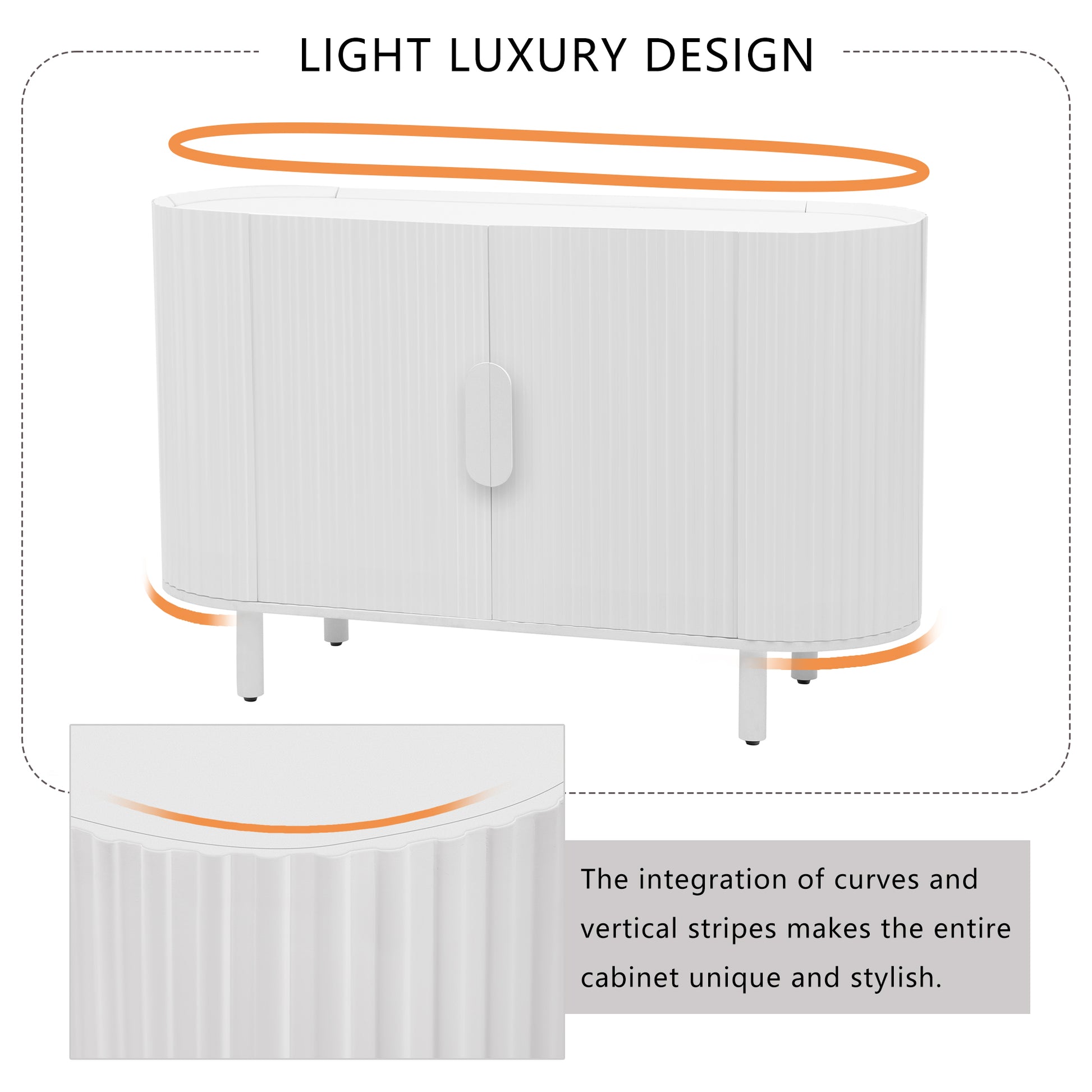 Curved Design Light Luxury Sideboard With Adjustable Shelves,Suitable For Living Room,Study And Entrance White Mdf