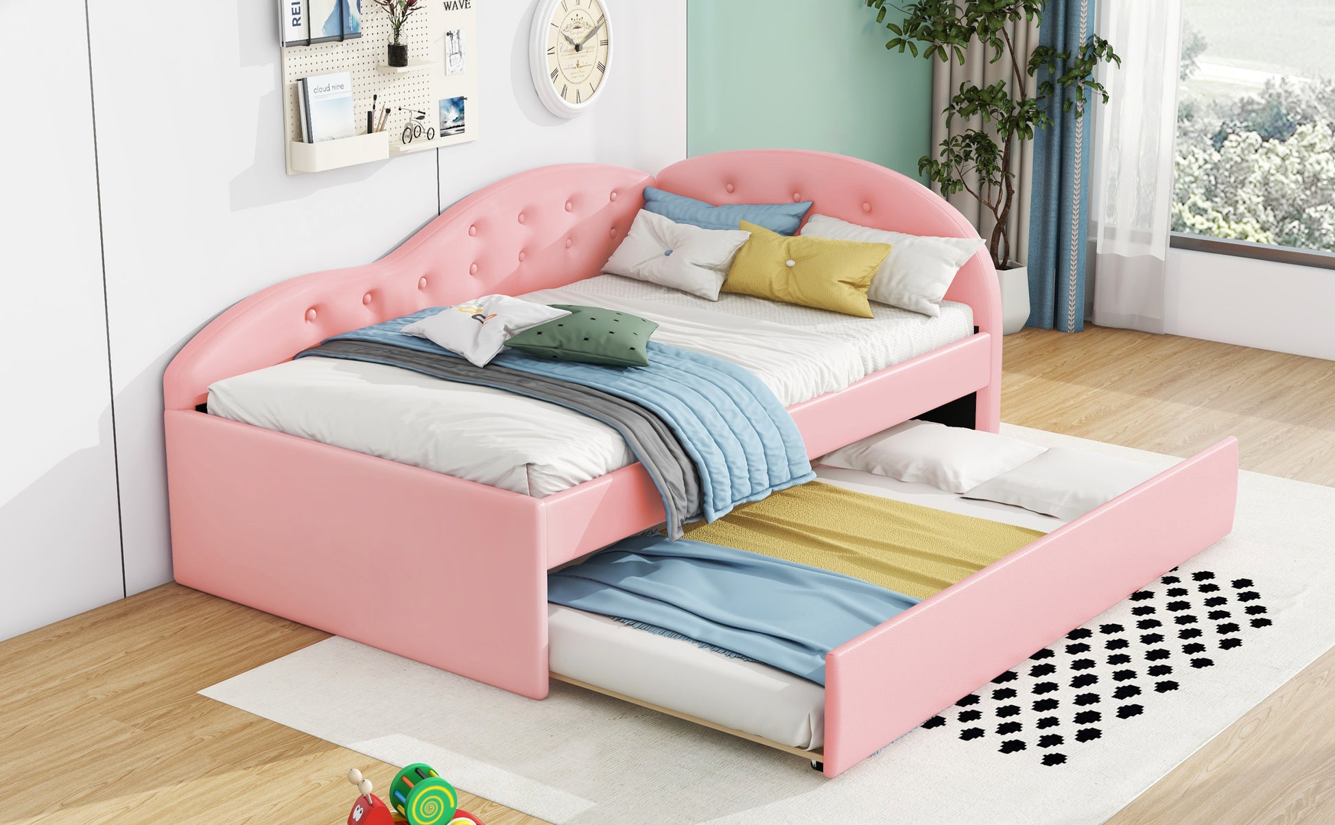 Twin Size Pu Upholstered Tufted Daybed With Trundle And Cloud Shaped Guardrail, Pink Box Spring Not Required Twin Pink Wood Faux Leather Upholstered