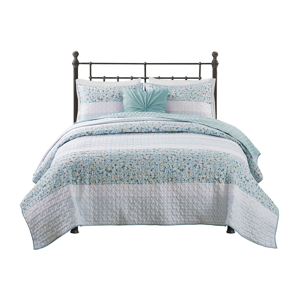 4 Piece Seersucker Quilt Set With Throw Pillow Aqua Polyester