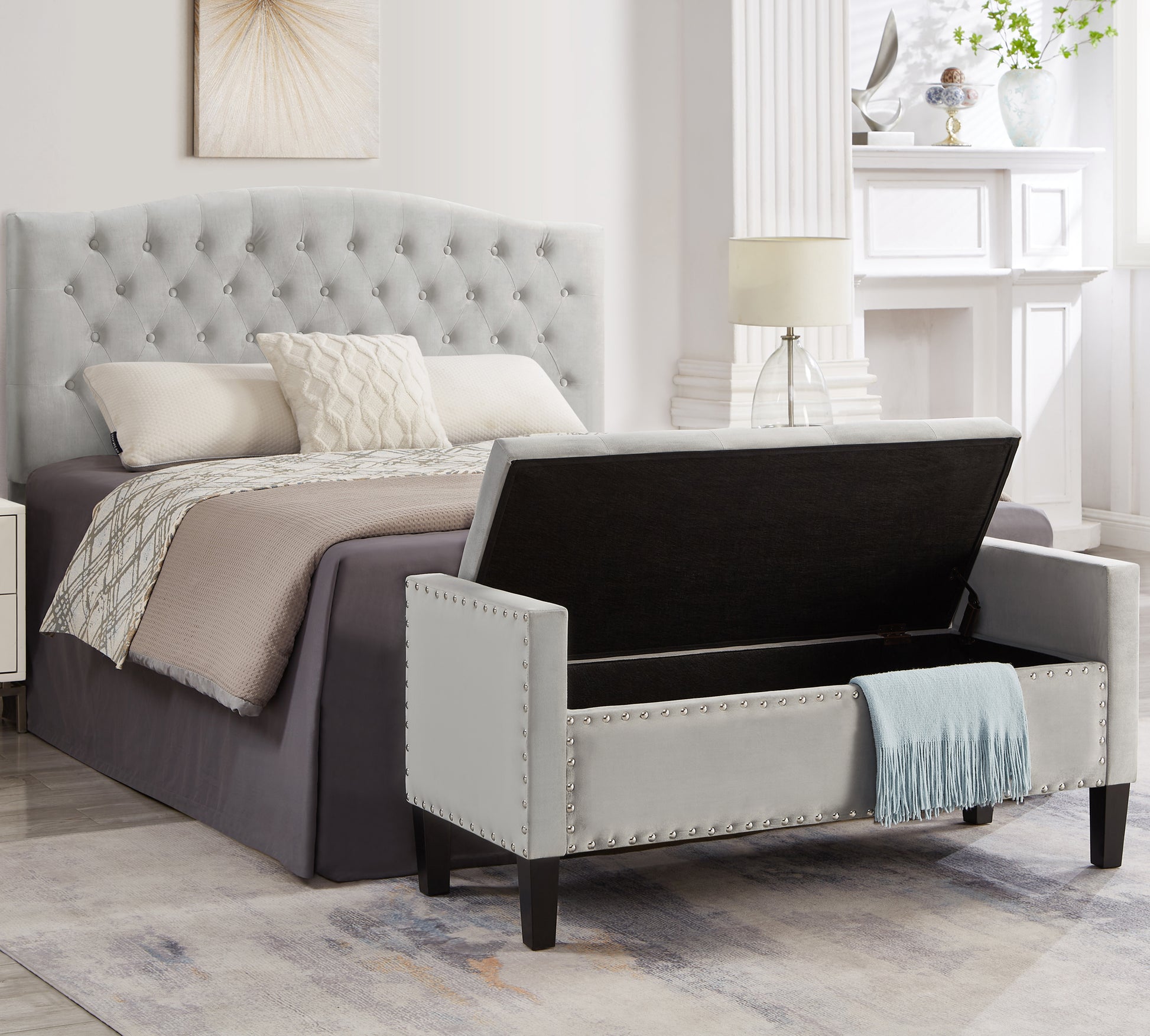 Upholstered Tufted Button Storage Bench With Nails Trim,Entryway Living Room Soft Padded Seat With Armrest,Bed Bench Gray Armrest Gray Espresso Primary Living Space Velvet Solid American Design