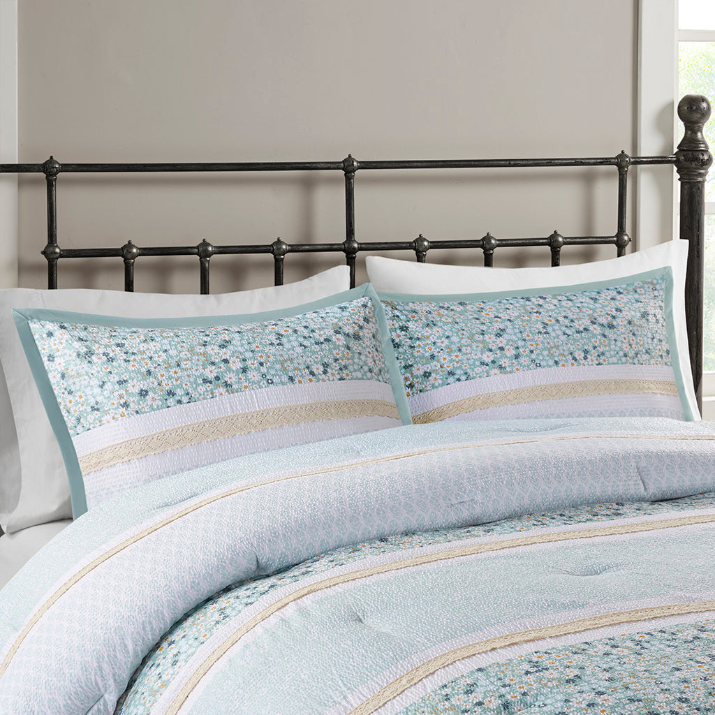 5 Piece Seersucker Comforter Set With Throw Pillows Aqua Polyester