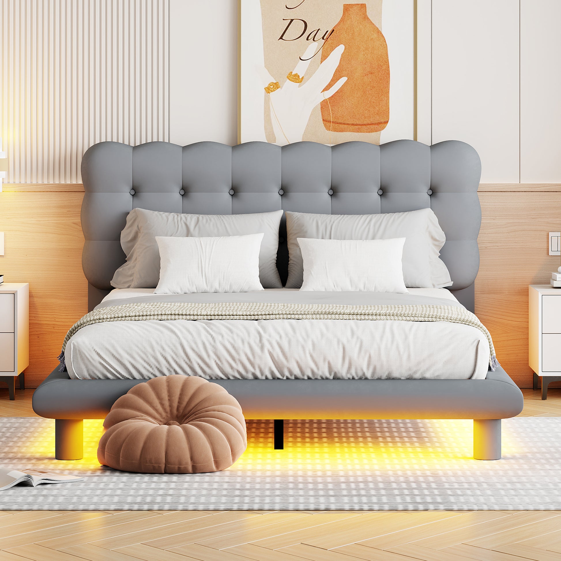 Queen Size Velvet Platform Bed With Led Frame, Thick & Soft Fabric And Button Tufted Design Headboard, Gray Gray Velvet