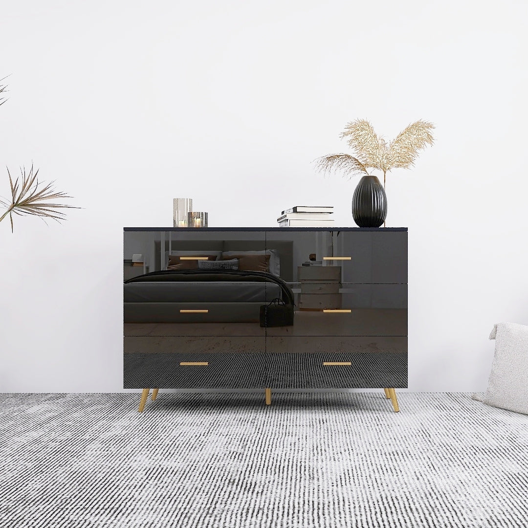 High Glossy Surface 6 Drawers Chest Of Drawer With Golden Handle And Golden Steel Legs Black Color Vanity Black White Bedroom Modern Poplar Melamine Engineered Wood