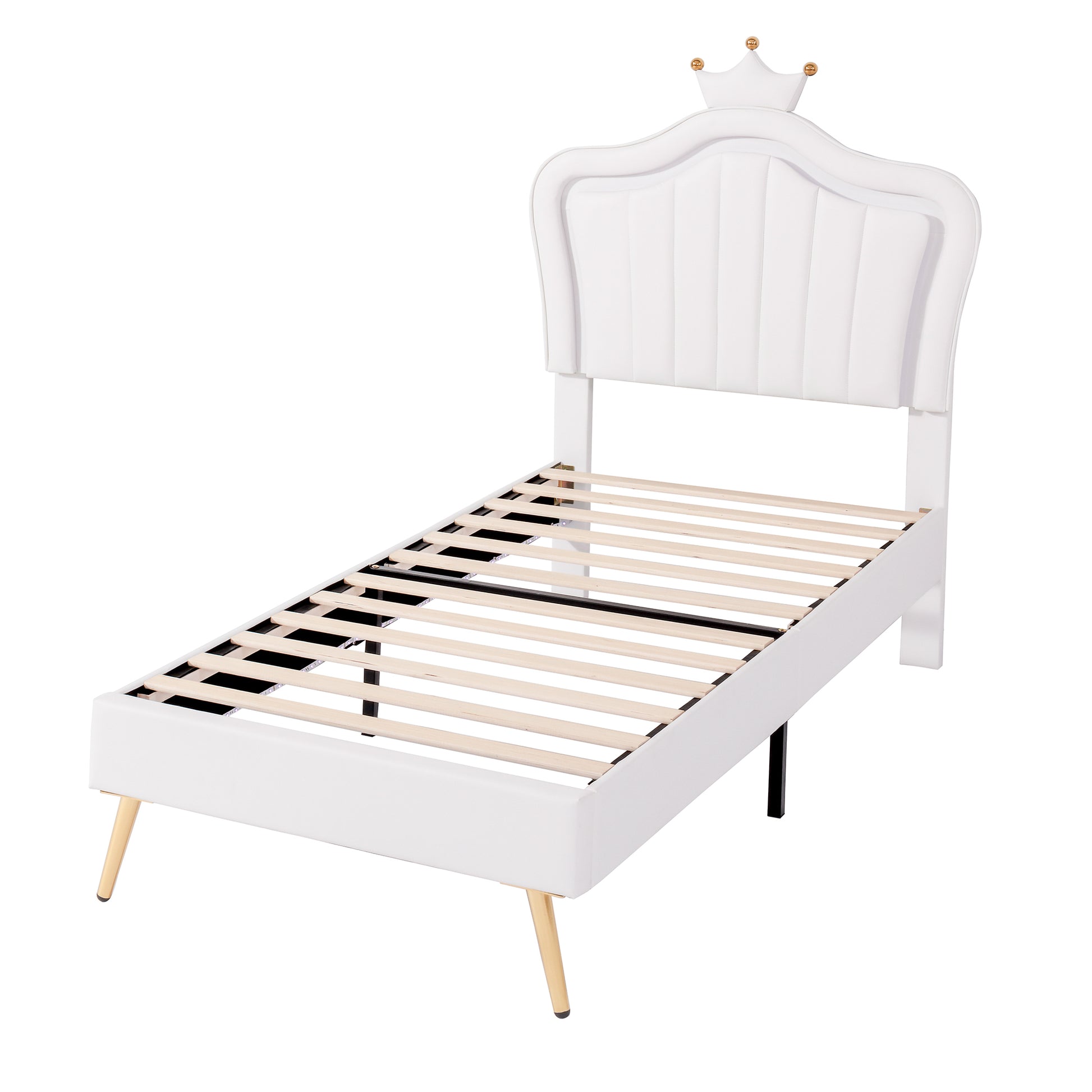 Twin Size Upholstered Bed Frame With Led Lights, Modern Upholstered Princess Bed With Crown Headboard,White Twin White Pu