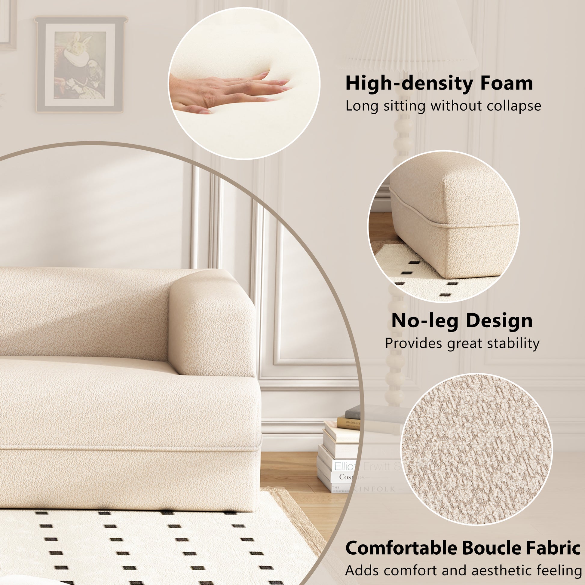 109.4" Curved Chaise Lounge Modern Indoor Sofa Couch For Living Room, Beige Old Sku:Wf313109Aaa Beige Boucle 2 Seat