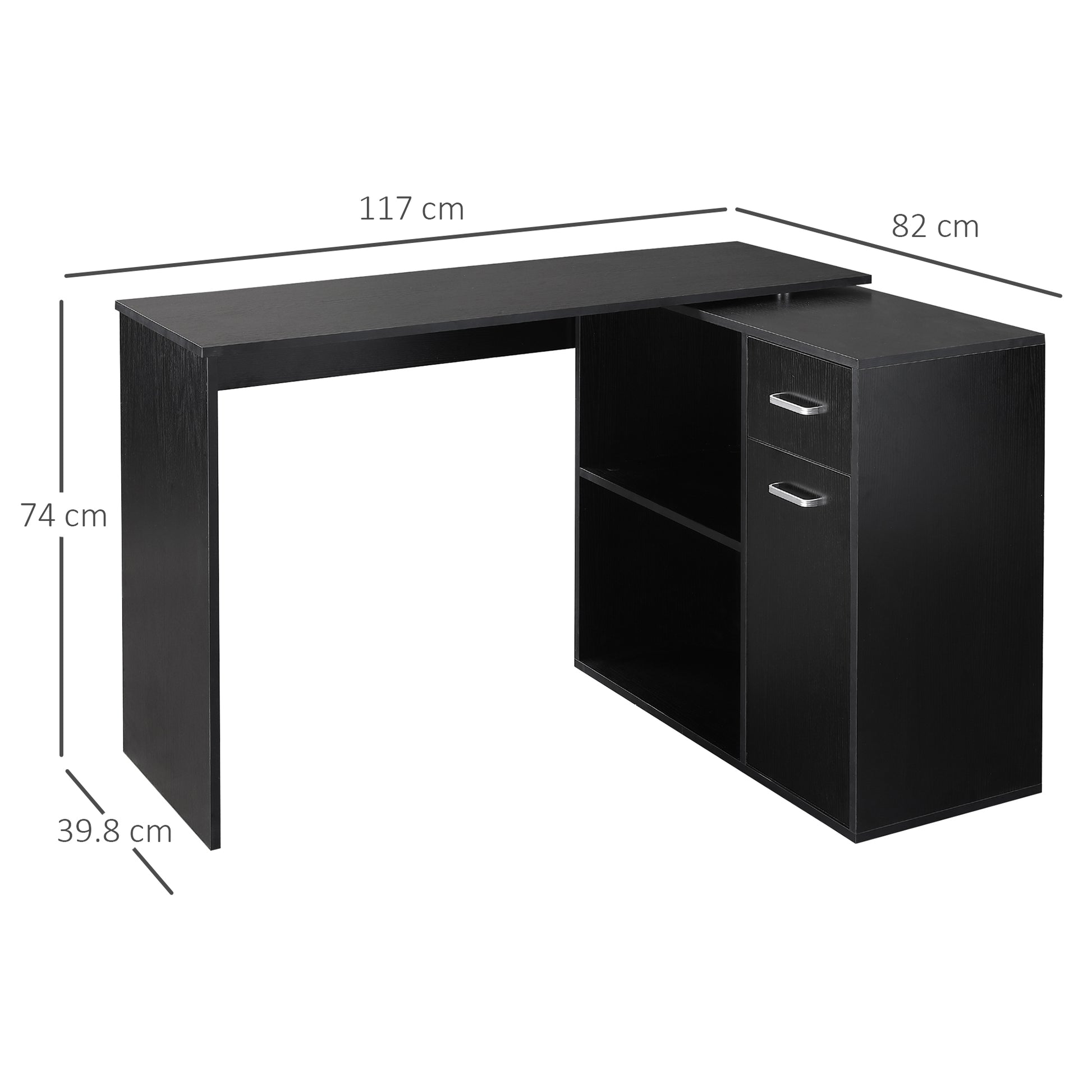 L Shaped Computer Desk, 180 Rotating Corner Desk With Storage Shelves, Drawer And Cabinet, Study Workstation For Home Office, Black Black Particle Board