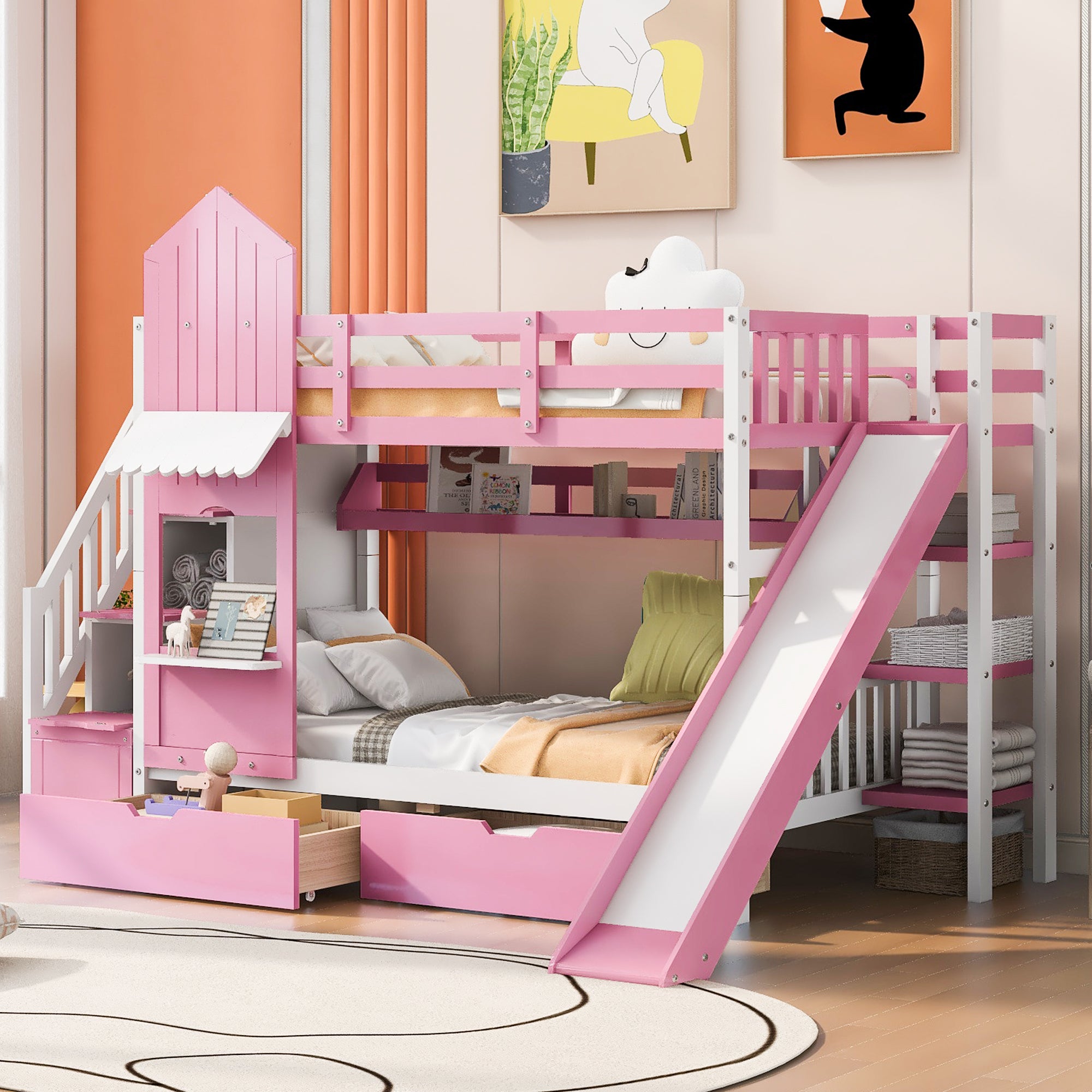 Twin Over Twin Castle Style Bunk Bed With 2 Drawers 3 Shelves And Slide Pink Pink Solid Wood