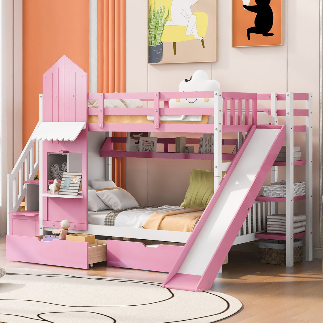 Twin Over Twin Castle Style Bunk Bed With 2 Drawers 3 Shelves And Slide Pink Pink Solid Wood