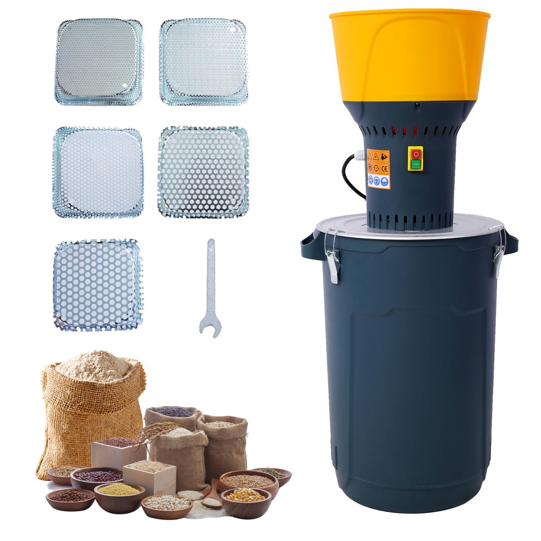 60L Grain Mill Grinder Electric Corn Grinder, Grain Mills Mill Flour Mills Molino De Maiz, Farm Home Electric Grinder For Corn Grain Feed, Wheat Grinder With 5 Grinder Sieves 1Wrench Dark Gray Steel