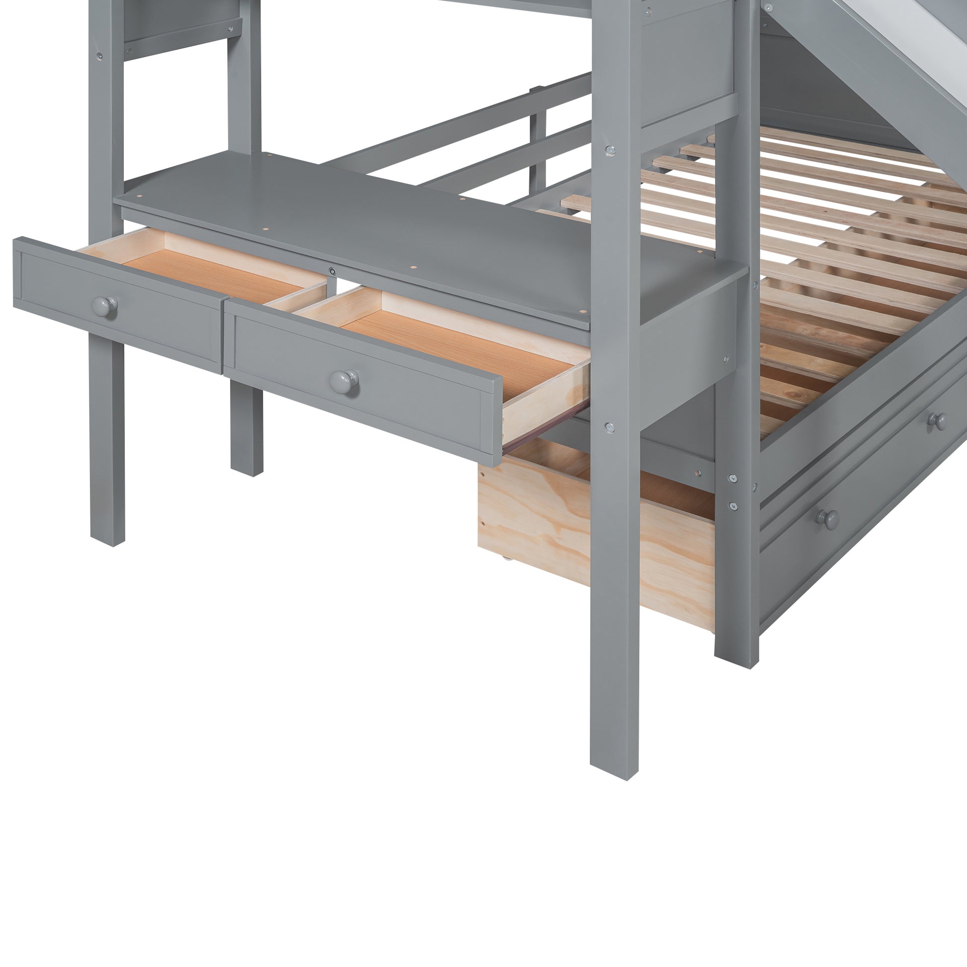 Twin Over Twin Bunk Bed With Storage Staircase, Slide And Drawers, Desk With Drawers And Shelves, Gray Box Spring Not Required Twin Gray Wood Bedroom Bunk Pine