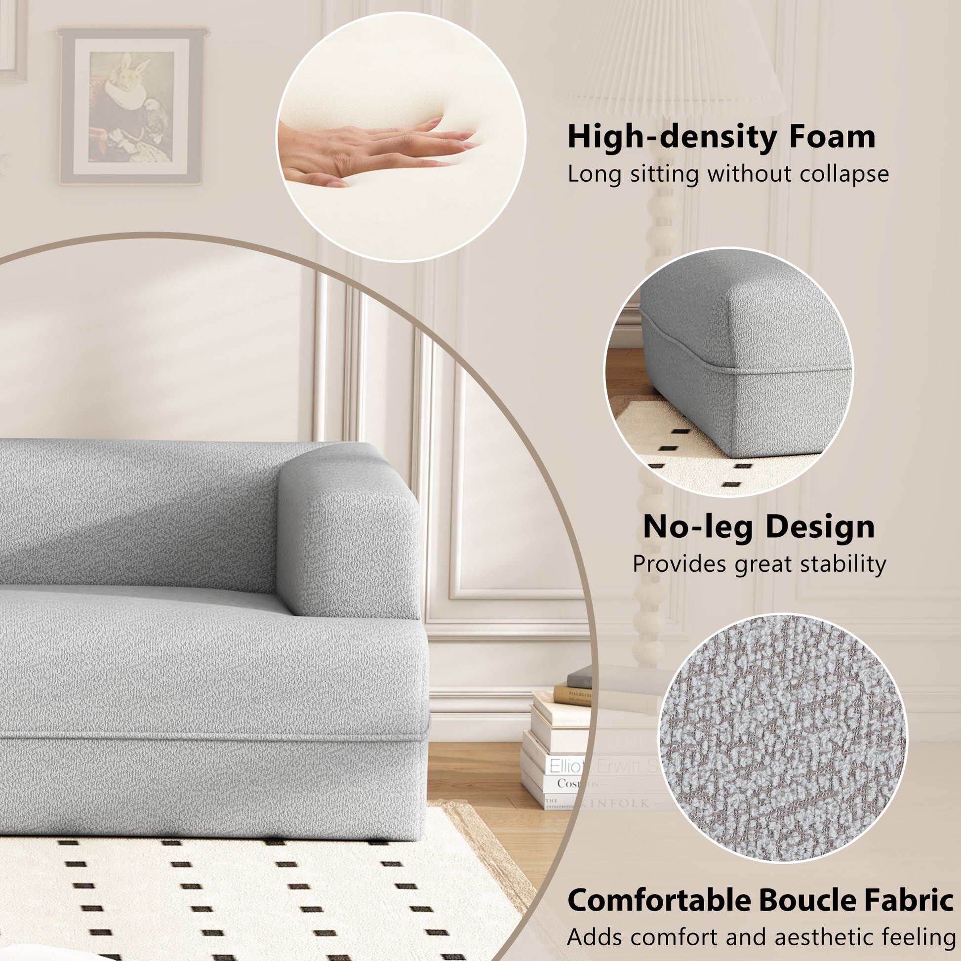 109.4" Curved Chaise Lounge Modern Indoor Sofa Couch For Living Room, Grey Old Sku:Wf313109Aae Grey Boucle 2 Seat