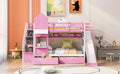 Twin Over Twin Castle Style Bunk Bed With 2 Drawers 3 Shelves And Slide Pink Pink Solid Wood