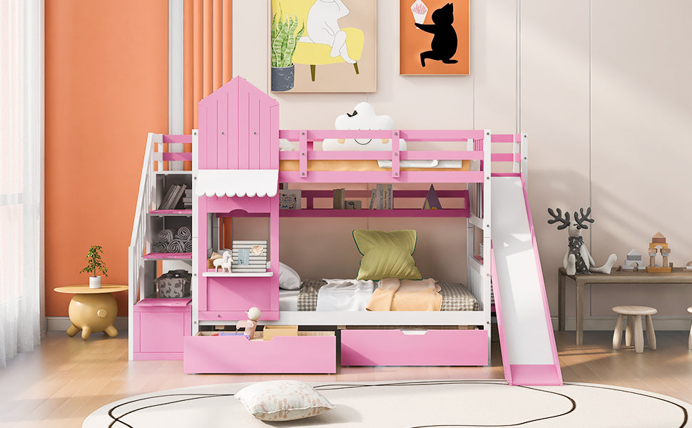 Twin Over Twin Castle Style Bunk Bed With 2 Drawers 3 Shelves And Slide Pink Pink Solid Wood