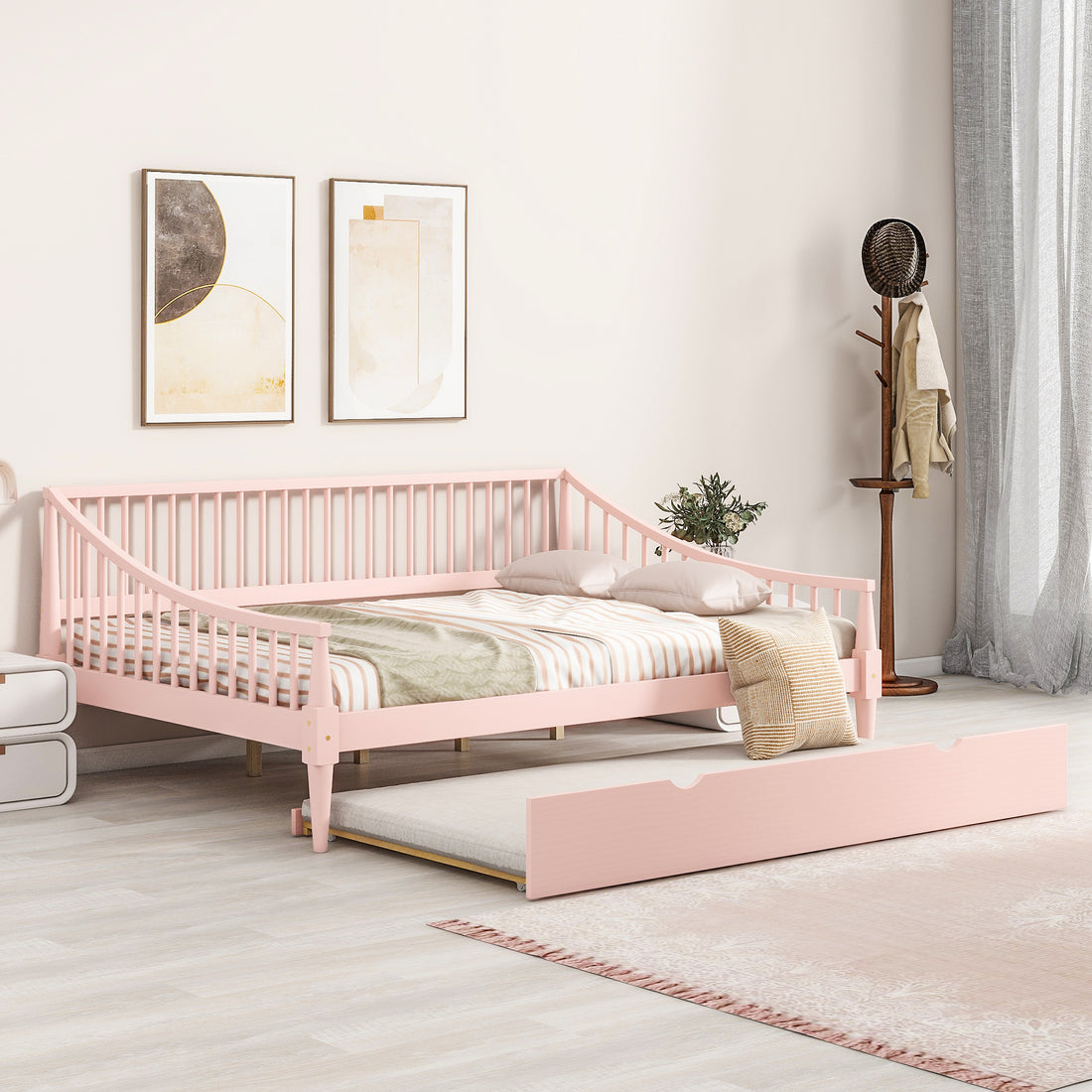 Full Size Daybed With Trundle And Support Legs, Pink Pink Solid Wood Mdf