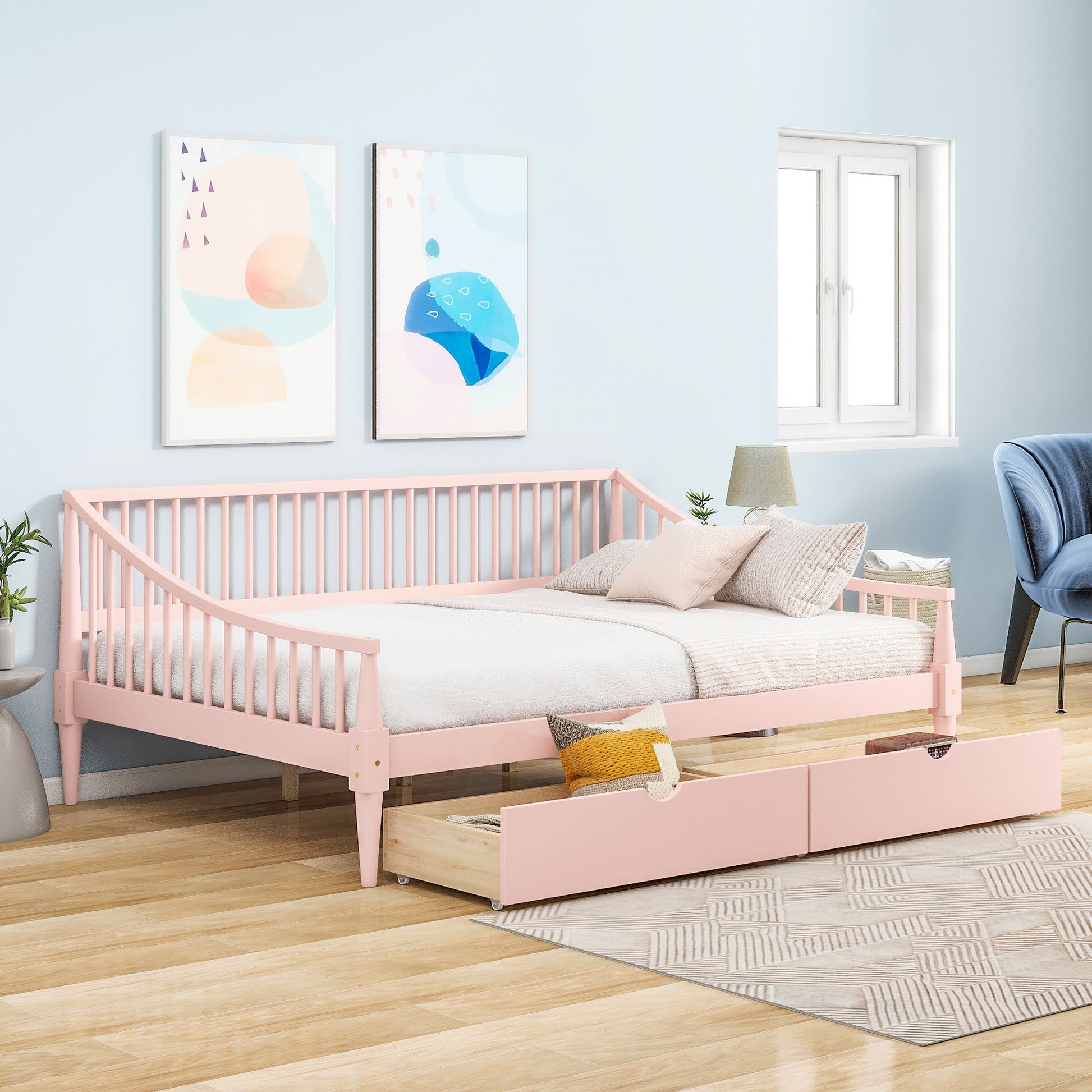 Full Size Daybed With Two Storage Drawers And Support Legs, Pink Pink Solid Wood Mdf