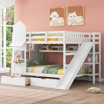 Full Over Full Castle Style Bunk Bed With 2 Drawers 3 Shelves And Slide White White Solid Wood